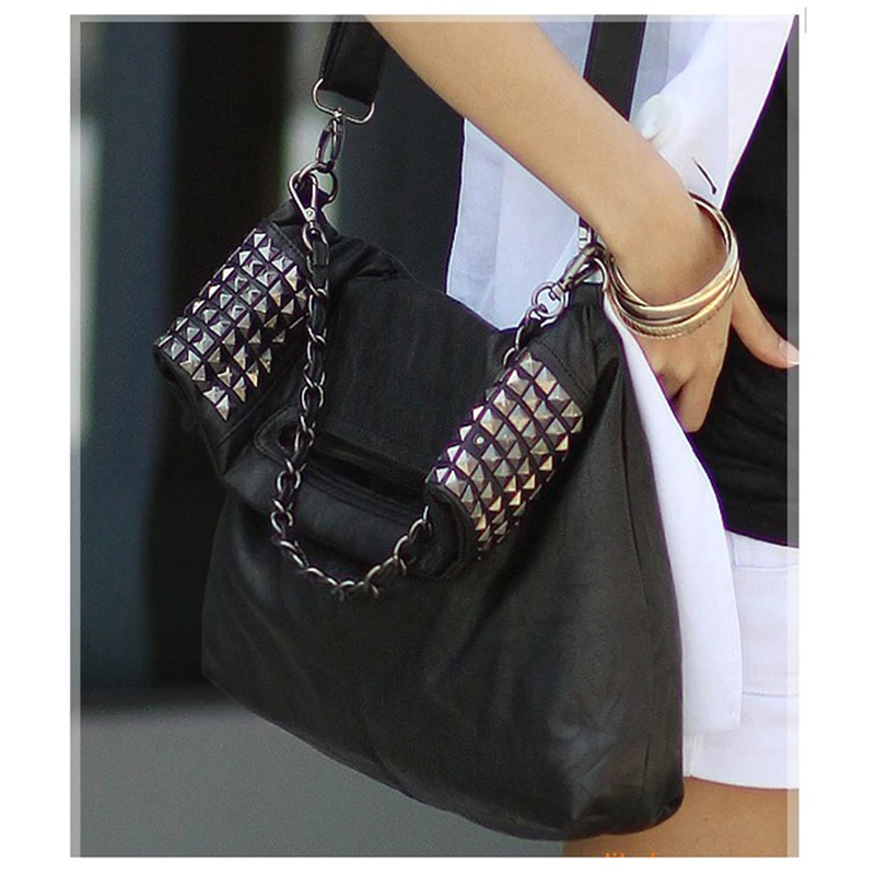 Фото Women's Korean Faux Leather Rivet Chain Foldable Shoulder Handbag Cross body Bag | Багаж и сумки