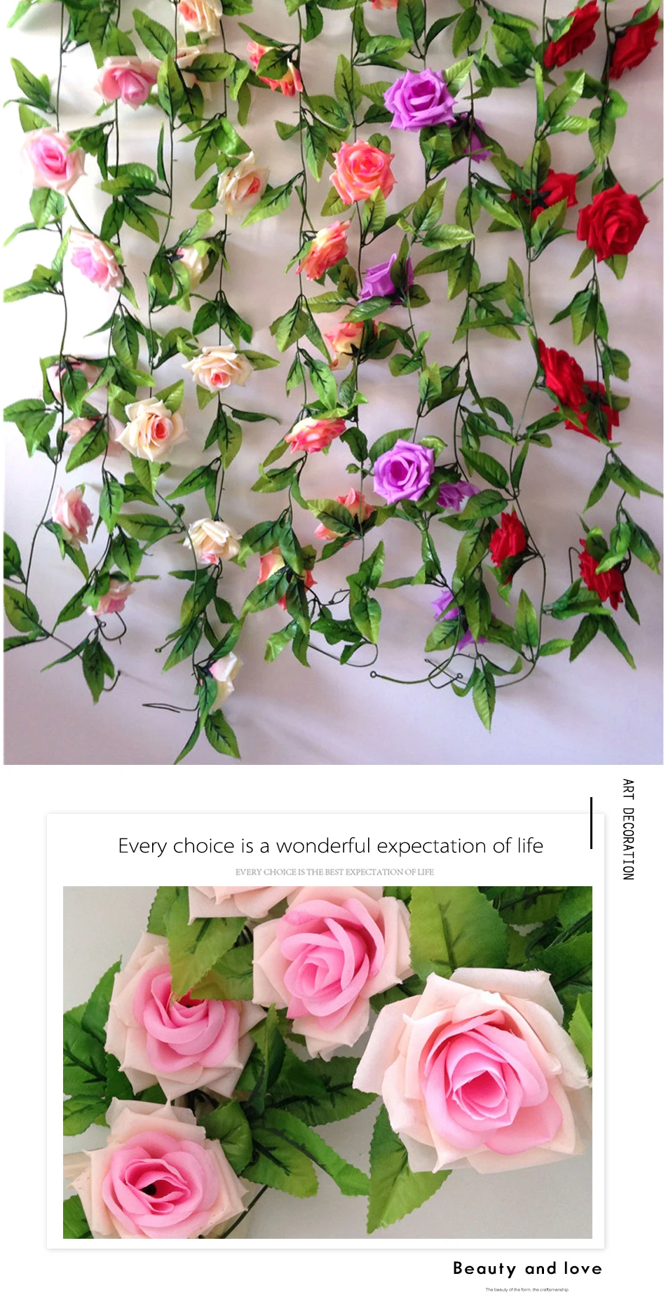 Generic 2.4m Silk Artificial Roses Flowers Rattan String Vine With