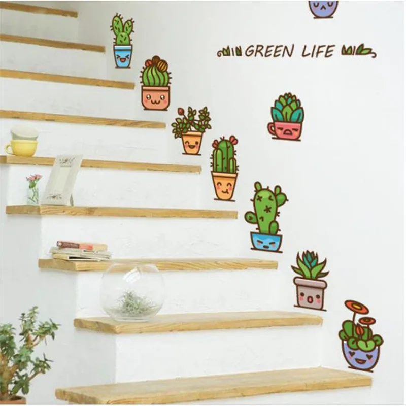 

3D PVC Wallpaper Sticker Green Potted Emoji Tree Self-adhesive Decor DIY Sticker for Stairs Floor Window Kitchen Wall Stickers