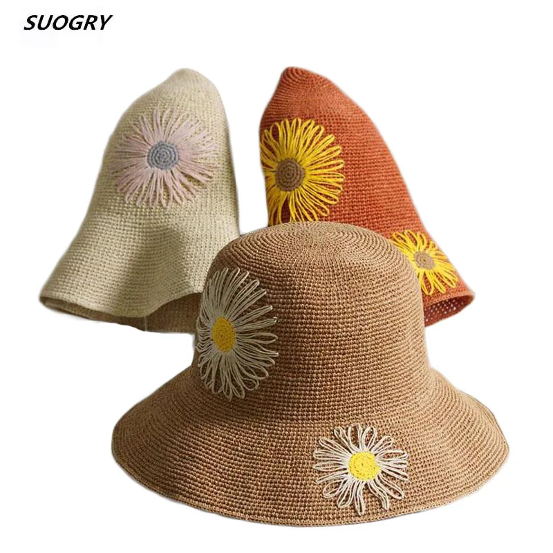 

Sun Flower Straw Hat For Women Summer Wide Brim Sun Beach Hats Hand Crocheted Visor Fisherman Hat Lady Floppy Foldable Basin Cap