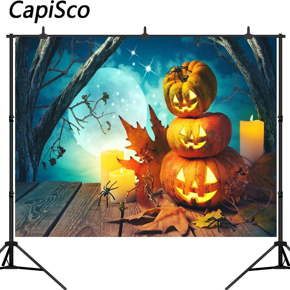 Capisco Moon Night Old Tree Pumpkin Lamps Wood Floor Halloween Photography Backdrops Vinyl Custom Backgrounds For Photo Studio |