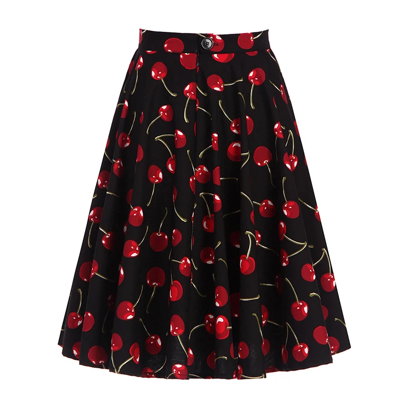 Kostlich 2017 Black Skirts Womens Cotton High Waist Cherry Print Elegant Midi Skirt Big Swing Hepburn 1950s Vintage Women Skirt (4)