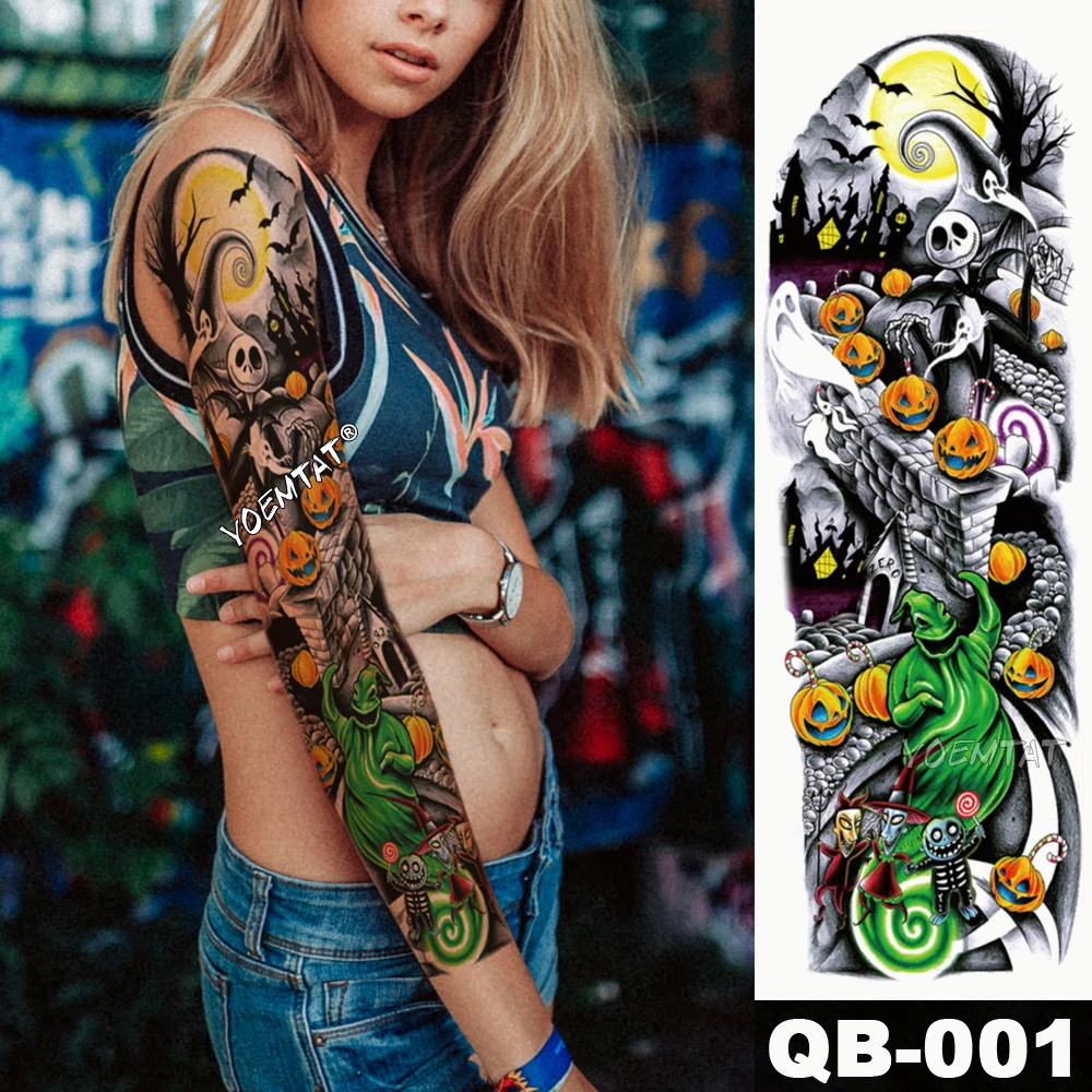 New 1 Piece Temporary Tattoo Sticker Skull Pumpkin halloween with Arm Body Art Big Sleeve Large Fake | Красота и здоровье