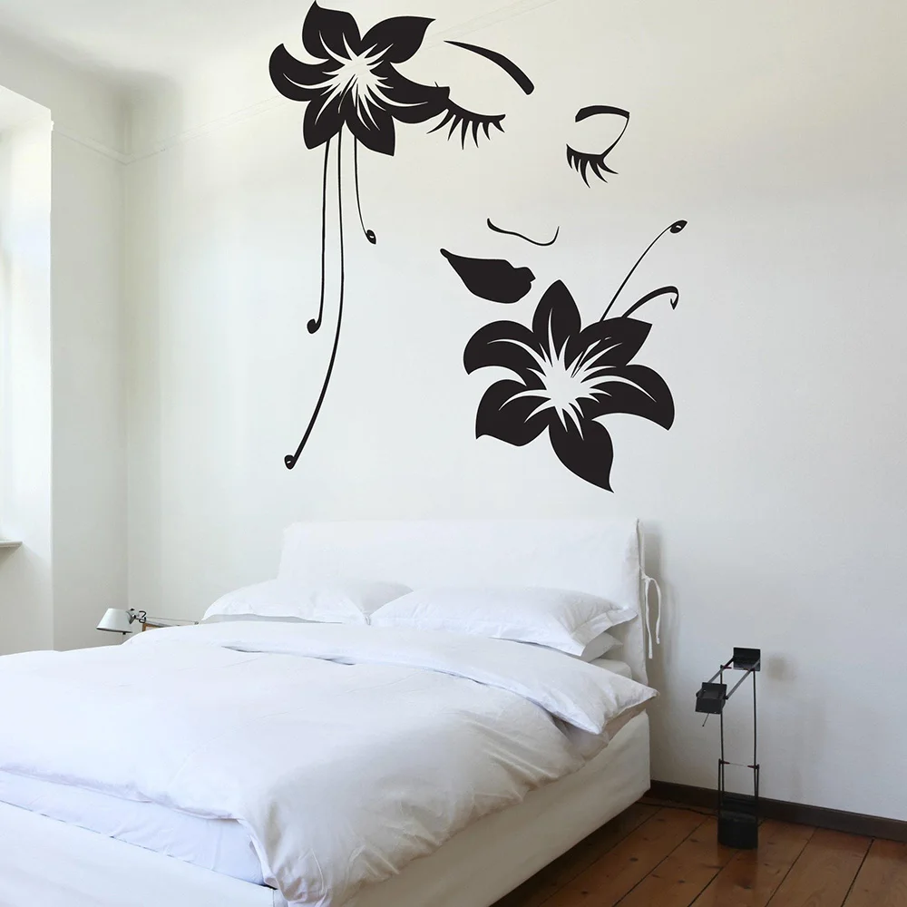 Flower Girl Woman Face Modern vinyl wall decal home decor diy art mural wallpaper removable stickers | Дом и сад