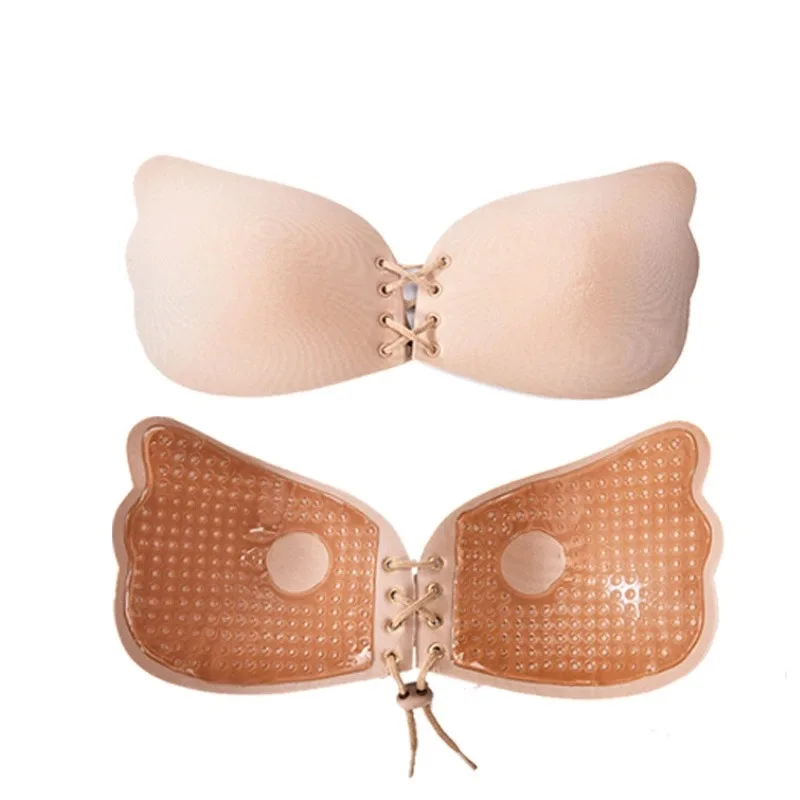 100 pcs Super Breathable Self Adhesive Strapless Bandage Stick Butterfly Wing Bra Silicone Push Up Bra Drawstring Invisible Bra 12