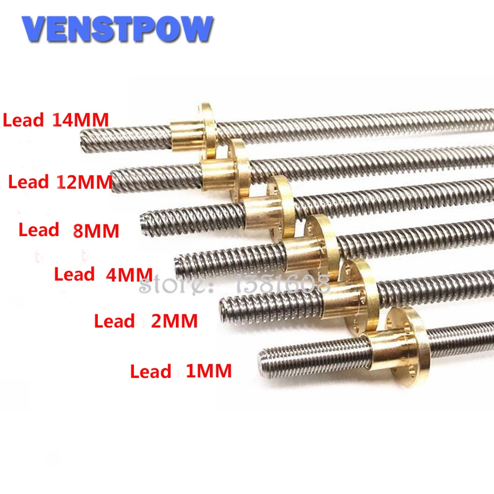 Acme Thread uxcell 2PCS 200mm T8 OD 8mm Pitch 2mm Lead 4mm Stainless Steel Lead Screw Rod with Copper Nut for 3D Printer Z Axis