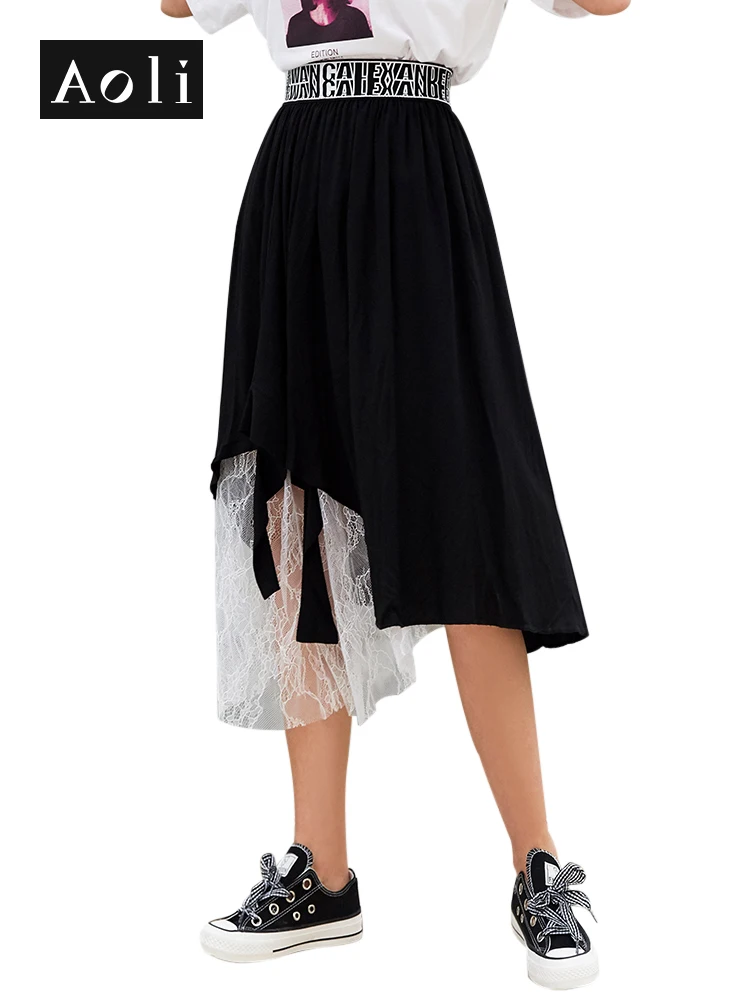 AOLI Women Long Skirt Black White Splice Elastic Plus Size Lace High Waist Irregular Hem Pleated Female Midi DBQ909017 | Женская одежда