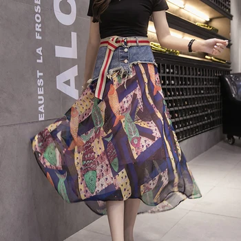 Women Denim Chiffon Skirt Multi Color Print High Waist Beach Skirts 2019 New Summer Patchwork Bohemian Asymmetric Long Skirts
Women Denim Chiffon Skirt Multi Color Print High Waist Beach Skirts 2019 New Summer Patchwork Bohemian Asymmetric Long Skirts