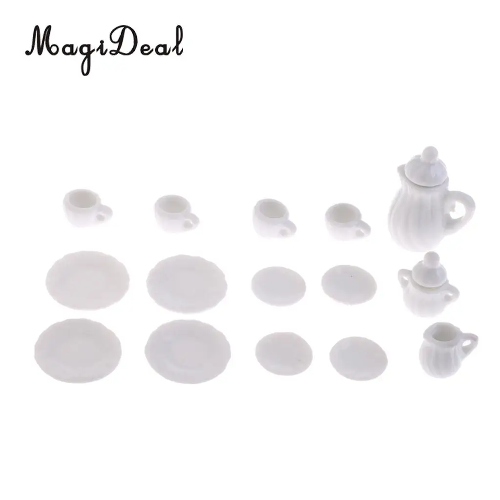 15Pcs/Set Vintage Miniature White Porcelain Tea Set Pot Cup Plate Tableware Dollhouse House Model Room Items Furniture Decor Acc