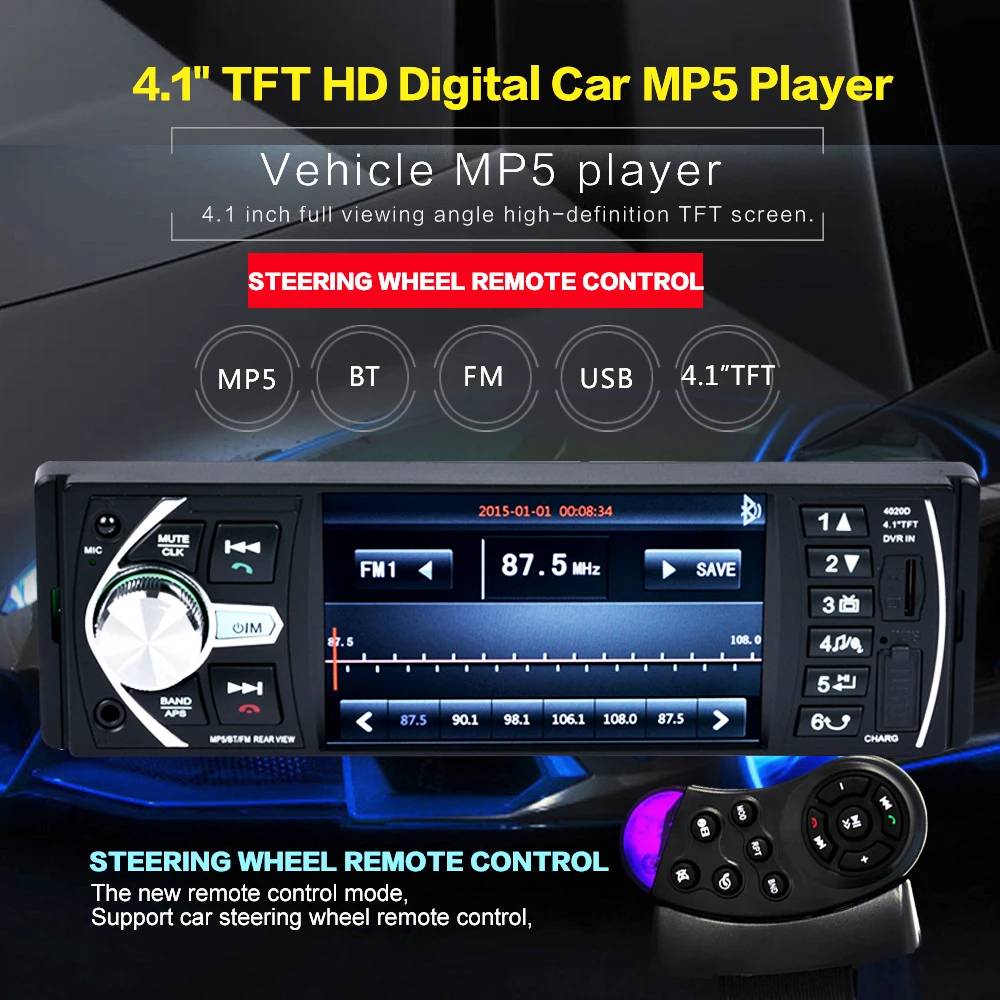 4.1 Inch 1 DIN Bluetooth Car Radio Stereo FM Receiver 50W x 4CH In-Dash Auto Audio MP5 Player Support USB + Remote Control
4.1 Inch 1 DIN Bluetooth Car Radio Stereo FM Receiver 50W x 4CH In-Dash Auto Audio MP5 Player Support USB + Remote Control