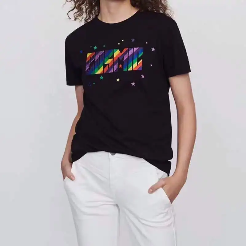 Women Black O Neck Short-Sleeved T-shirt Rainbow Letter Embroidery Ladies Tee Clothes Leisure Tops 2019 Autumn
Women Black O Neck Short-Sleeved T-shirt Rainbow Letter Embroidery Ladies Tee Clothes Leisure Tops 2019 Autumn