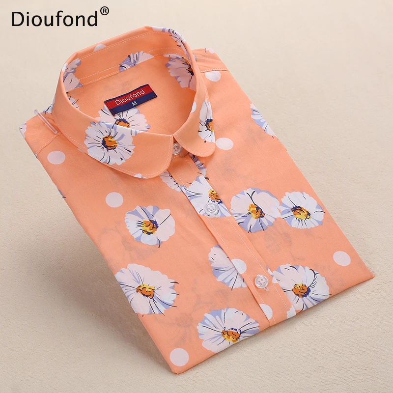 Dioufond New Women's Floral Print Blouses Cotton Shirts Women Vintage Turn-Down Collar Tops Ladies Work Long Sleeve Blouse 2017 12