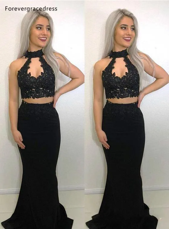 Hot Sell Two Pieces Prom Dresses 2019 Black Halter Neck Lace Crop Long Satin Evening Gowns Junior Sweet 15 Occasion Party Dress BC0891 119 (3)