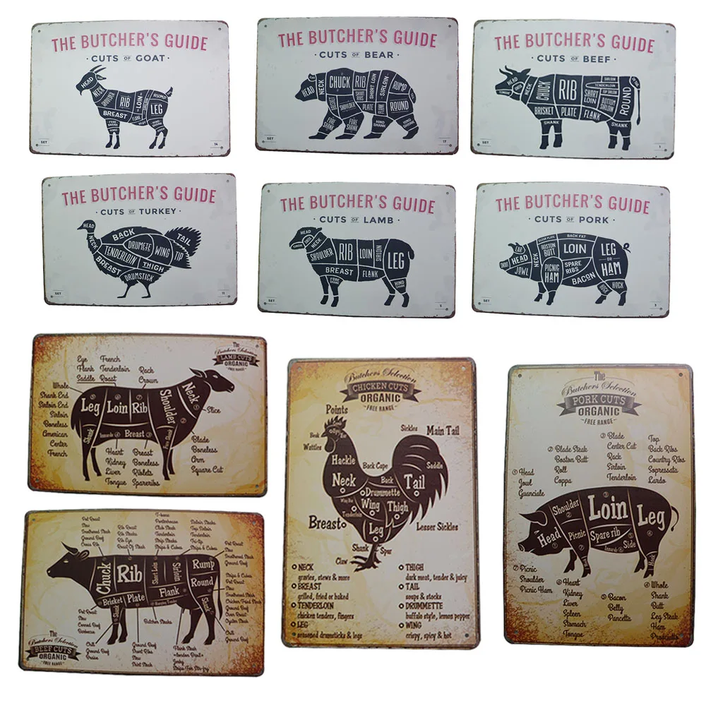 Plaques PlateCUTS BUTCHER GUIDE BEEF PIG DUCK Meat Collection TIN SIGN Decor Retro Wall Plaque Painting Metal Craft
Plaques PlateCUTS BUTCHER GUIDE BEEF PIG DUCK Meat Collection TIN SIGN Decor Retro Wall Plaque Painting Metal Craft