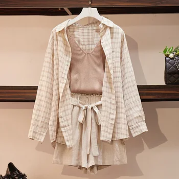 HAMALIEL M-4XL Summer Women 3 Piece Set Plus Size Linen Plaid Loose Shirt + Knitted Vest + Elastic Waist Sashes Short Pants Set
HAMALIEL M-4XL Summer Women 3 Piece Set Plus Size Linen Plaid Loose Shirt + Knitted Vest + Elastic Waist Sashes Short Pants Set