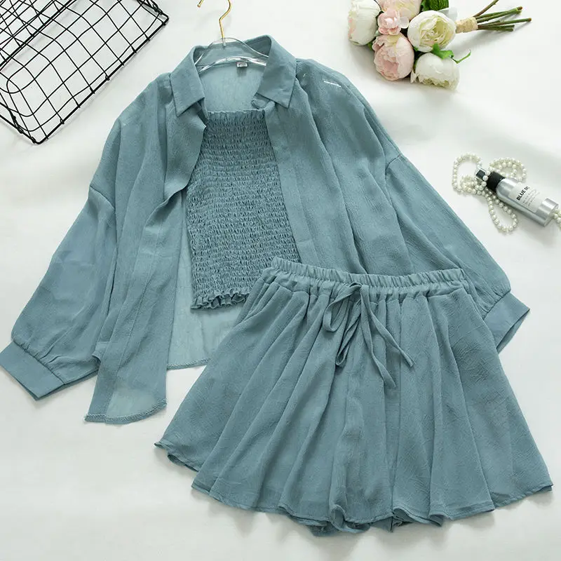 Korean Style Fashion Summer 3 Piece Set Women Clothes Sun protection Cardigan Crop Tops +Chiffon Shorts Suits Three Piece Set
Korean Style Fashion Summer 3 Piece Set Women Clothes Sun protection Cardigan Crop Tops +Chiffon Shorts Suits Three Piece Set