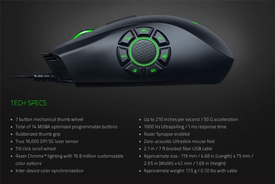 2019 Original Razer Naga Hex V2 Wired Gaming Mouse 16000 DPI 7 Mechanical Thumb Buttons 5G Laser