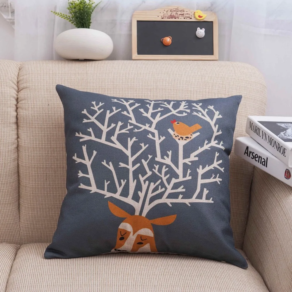 

45*45CM Gray-blue Linen Pillowcase Fawn Pattern Square Pillowcase Home Pillow Case Breathable Flax Without pillow