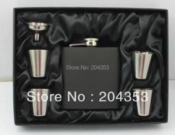 Matt black 6oz hip flask gift set with 4 cups and one funnel in black gift box
Matt black 6oz hip flask gift set with 4 cups and one funnel in black gift box