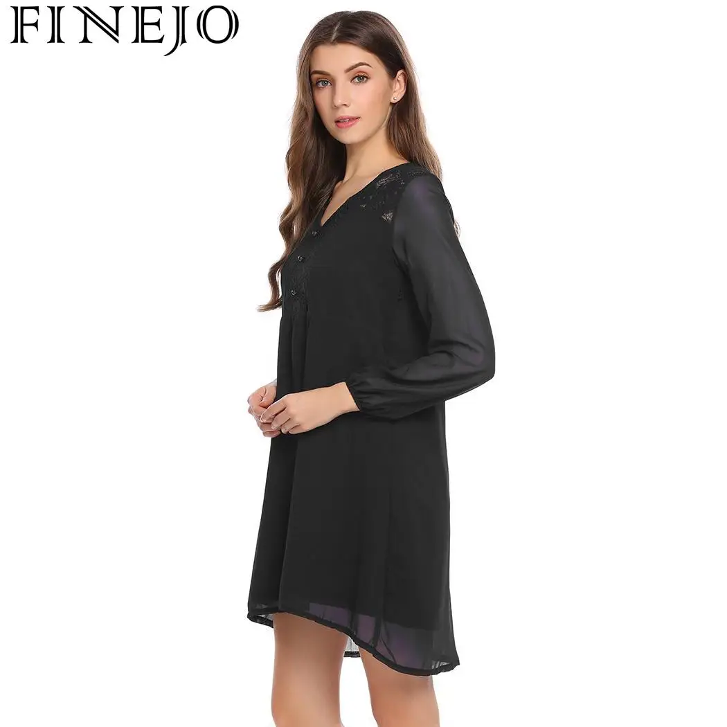 FINEJO Shift Dress Women Autumn Lantern V-Neck Women's Sleeve Lace Chiffon Patchwork Casual Loose Feminina Vestidos | Женская одежда