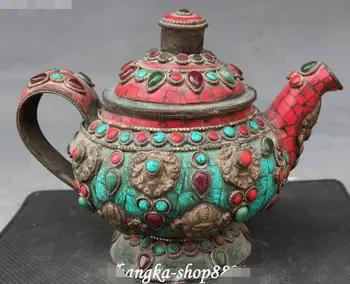 Old Tibet Turquoise Coral Bronze Jewel Mahakala Head Wine Tea Pot Flagon Kettle
Old Tibet Turquoise Coral Bronze Jewel Mahakala Head Wine Tea Pot Flagon Kettle