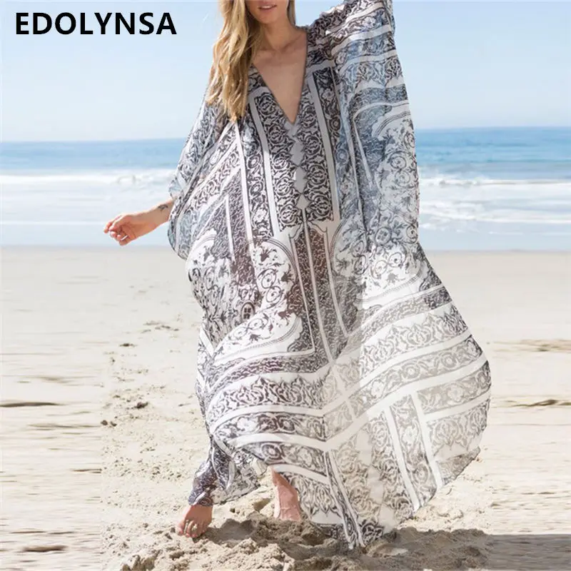 2019 Grey Bohemian Printed Kaftan Beach Dress Tunic Plus Size Women Summer Beachwear V Neck Loose Maxi Dress rode de plage N691
2019 Grey Bohemian Printed Kaftan Beach Dress Tunic Plus Size Women Summer Beachwear V Neck Loose Maxi Dress rode de plage N691