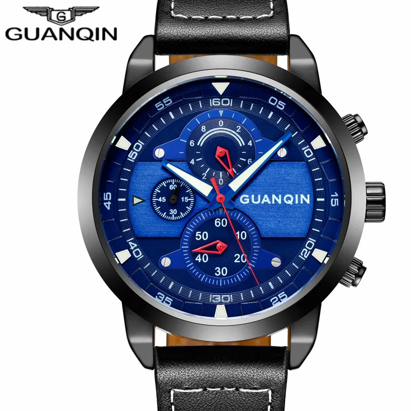 Оригинальные кварцевые часы GUANQIN GS19078 мужские спортивные с кожаным ремешком |