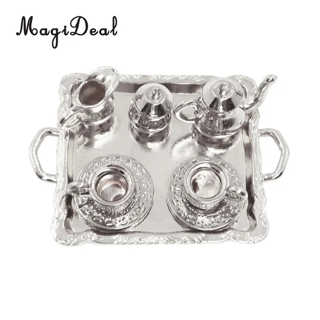 10Pcs Silver Alloy Tea Lid Pot Cups Tray Set for 1:12 Dollhouse Miniature Doll Home House Model Furniture Decor Accs
