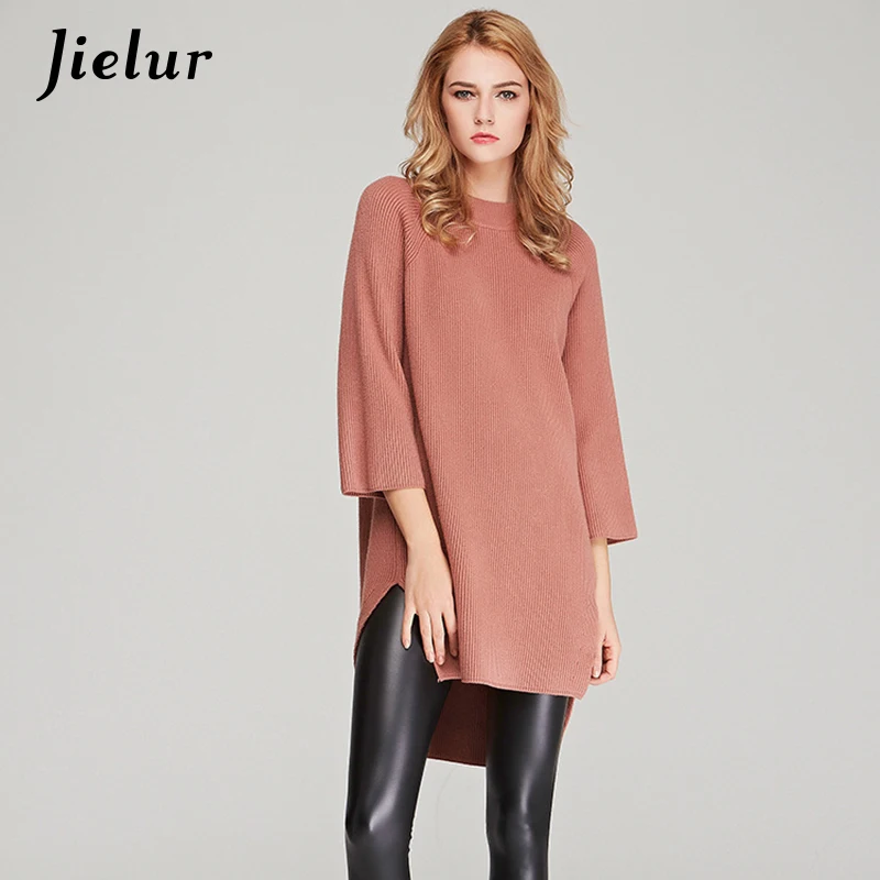 Jielur New Winter Long Sweater Loose Europe Solid Color Irregular Pullovers Three Quarter Sleeve Top Female Warm Woman Sweaters | Женская