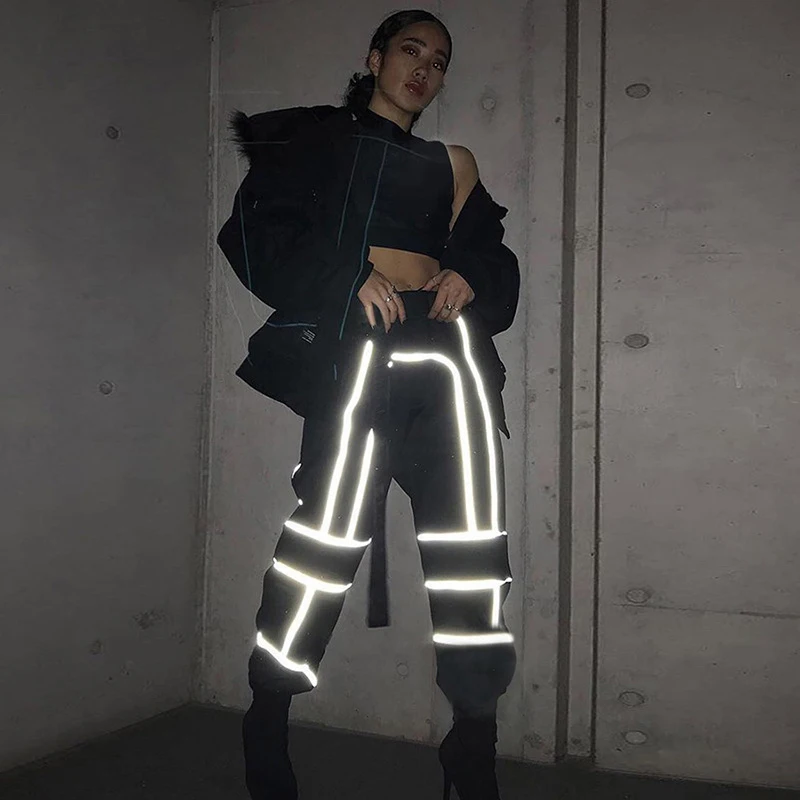 Women High Waist Cargo Pants Reflective Striped Patchwork Buckle Belt Sparkly Trousers Jogger Hipsters Harajuku Hip Hop Black
Women High Waist Cargo Pants Reflective Striped Patchwork Buckle Belt Sparkly Trousers Jogger Hipsters Harajuku Hip Hop Black