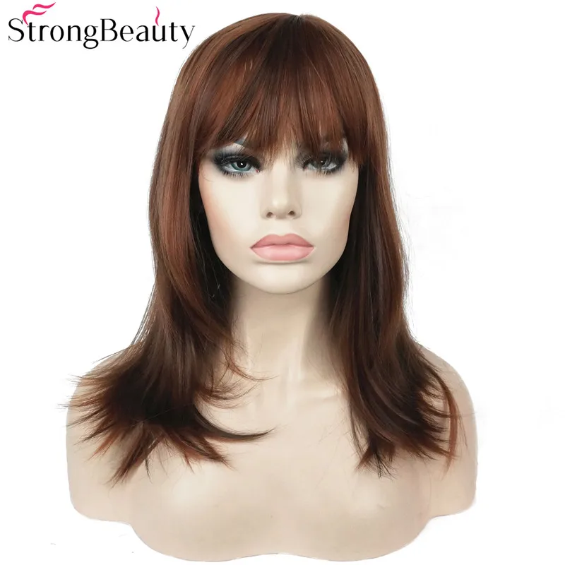 

Strong Beauty Synthetic Long Straight Wigs Auburn Mix Bob Neat Bang Hairstyle for Women Wig