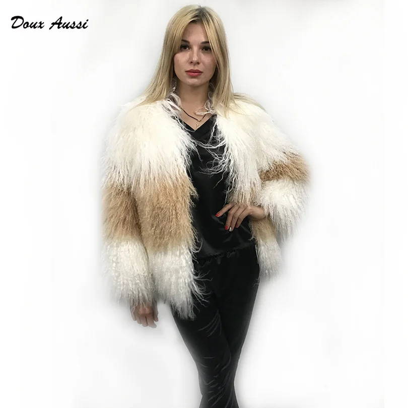 DOUX AUSSI Real Mongolian Sheep Fur Jacket Women 2017 Winter Striped Double Colors Full Sleeves Genuine Mongolian Lamb Fur Coat
DOUX AUSSI Real Mongolian Sheep Fur Jacket Women 2017 Winter Striped Double Colors Full Sleeves Genuine Mongolian Lamb Fur Coat