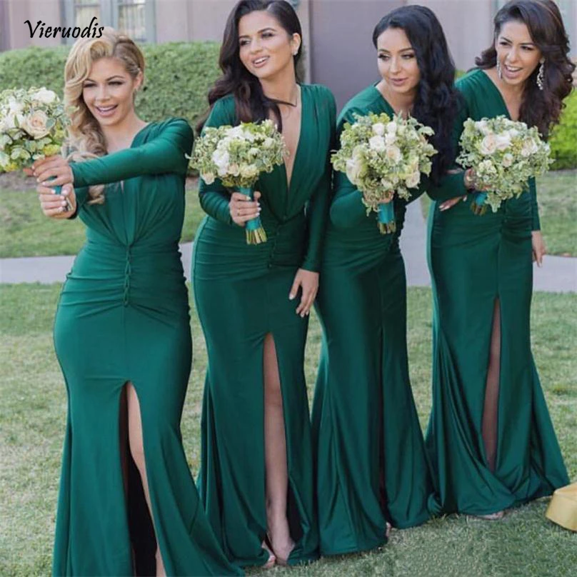 2019 New Arrival Cheap Elastic Bridesmaid Dresses Simple Deep V Neck Long Sleeves Front Split robes de demoiselle
2019 New Arrival Cheap Elastic Bridesmaid Dresses Simple Deep V Neck Long Sleeves Front Split robes de demoiselle