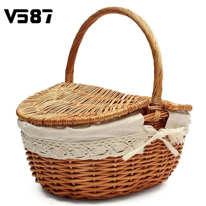 Wicker Picnic Basket w/ Lid & Handle