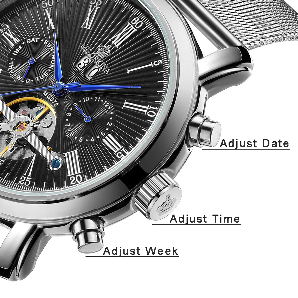 silver steel black automatic watch men