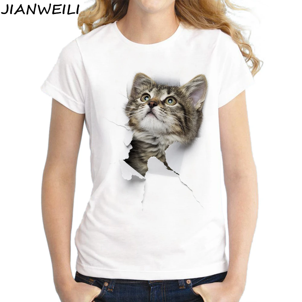 JIANWEILI летняя футболка для женщин озорной кот 3D милый Принт оригинальность