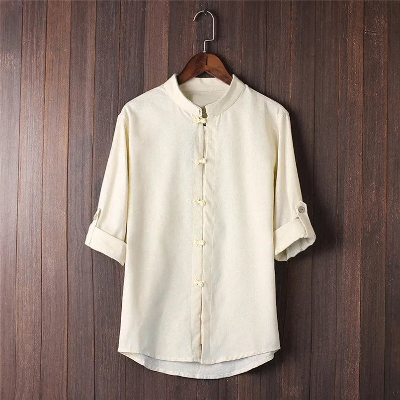 Men Classic Chinese Style Kung Fu Shirt Tops Tang Suit 34 Sleeve linen Blouse (10)