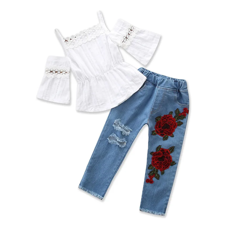 Toddler Girls Summer Clothing Set White Tops+Elastic Waist Jeans Embroidered Trousers 2pcs Kids Suit Baby Girl Clothes Size 2-5Y
Toddler Girls Summer Clothing Set White Tops+Elastic Waist Jeans Embroidered Trousers 2pcs Kids Suit Baby Girl Clothes Size 2-5Y