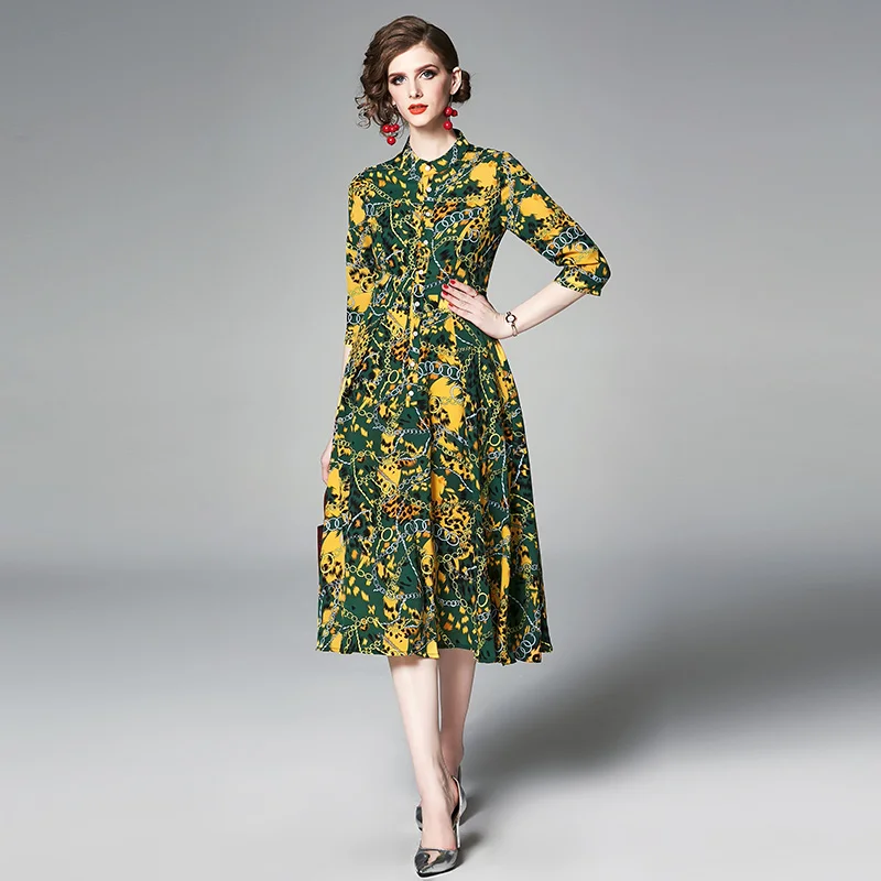 Summer Office Lady Green Yellow Flower Elegant Chain Print Women Dress Casual High Waist Floral Print Party Vintage Female Dress
Summer Office Lady Green Yellow Flower Elegant Chain Print Women Dress Casual High Waist Floral Print Party Vintage Female Dress