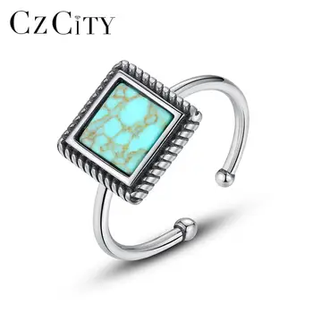 

CZCITY Vintage Genuine 925 Sterling Silver Open Rings for Women Anniversary Fine Jewelry Square Turquoise Anillos Gifts SR0351