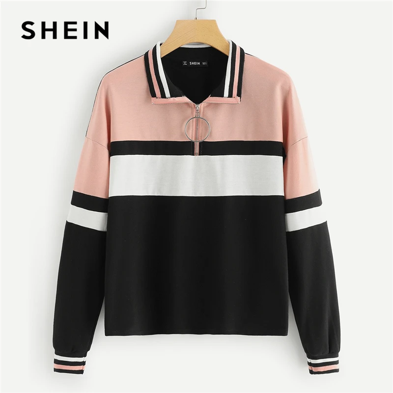 

SHEIN Multicolor Elegant Preppy O-Ring Zip Half Placket Cut And Sew Colorblock Sweatshirt 2018 Autumn Casual Women Sweatshirts