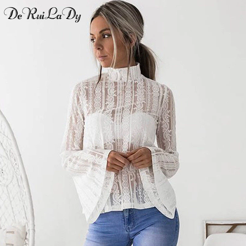 DeRuiLaDy 2018 Women Lace Blouse Shirt Elegant Flare Sleeve Long Sleeve Sexy Transparent Shits Casual Stand Chiffon White Tops
DeRuiLaDy 2018 Women Lace Blouse Shirt Elegant Flare Sleeve Long Sleeve Sexy Transparent Shits Casual Stand Chiffon White Tops