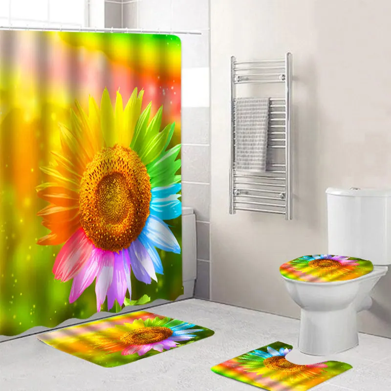 4 pcs Sunflower Waterproof Bathroom Shower Curtain Non-Slip Rug Set Pedestal Rug Lid Toilet Cover Bath Mat Shower Curtains
4 pcs Sunflower Waterproof Bathroom Shower Curtain Non-Slip Rug Set Pedestal Rug Lid Toilet Cover Bath Mat Shower Curtains