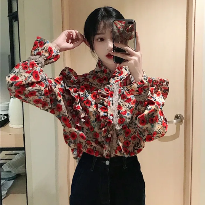 

Lychee Girls Floral Long Flare Sleeve Blouses Female Turtleneck Single Breasted Shirts Spring Autumn Vintage Women Blouse Shirts