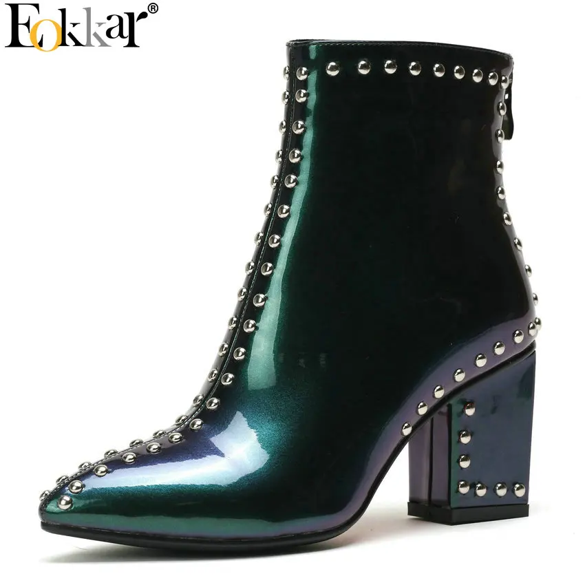 Eokkar 2020 Women Ankle Boots Pointed Toe Patent Leather Square High Heel Winter Boots Rivet Sexy Elegant Ladies Boot Size 34-42
Eokkar 2020 Women Ankle Boots Pointed Toe Patent Leather Square High Heel Winter Boots Rivet Sexy Elegant Ladies Boot Size 34-42