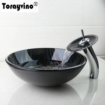 

Torayvino Hand Painting Tempered Glass Basin Bowl Sinks Vessel Basins With Brass Faucet Taps Water Drain Bathroom Sink Combo Set