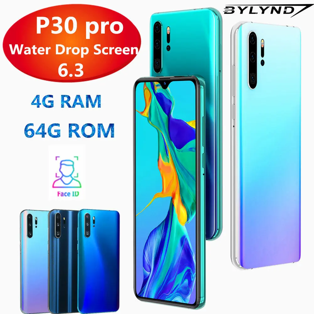 

P30 pro smartphones 6.3" Full HD water drop screen Quad core 4GB RAM 64GB ROM 13MP face unlocked Android mobile phones wifi gps