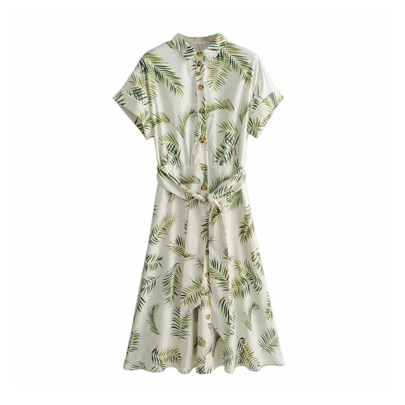 Women elegant Leaves print midi dress turn down collar bow tie sashes short sleeve button split female mid calf dresses vestidos
Women elegant Leaves print midi dress turn down collar bow tie sashes short sleeve button split female mid calf dresses vestidos