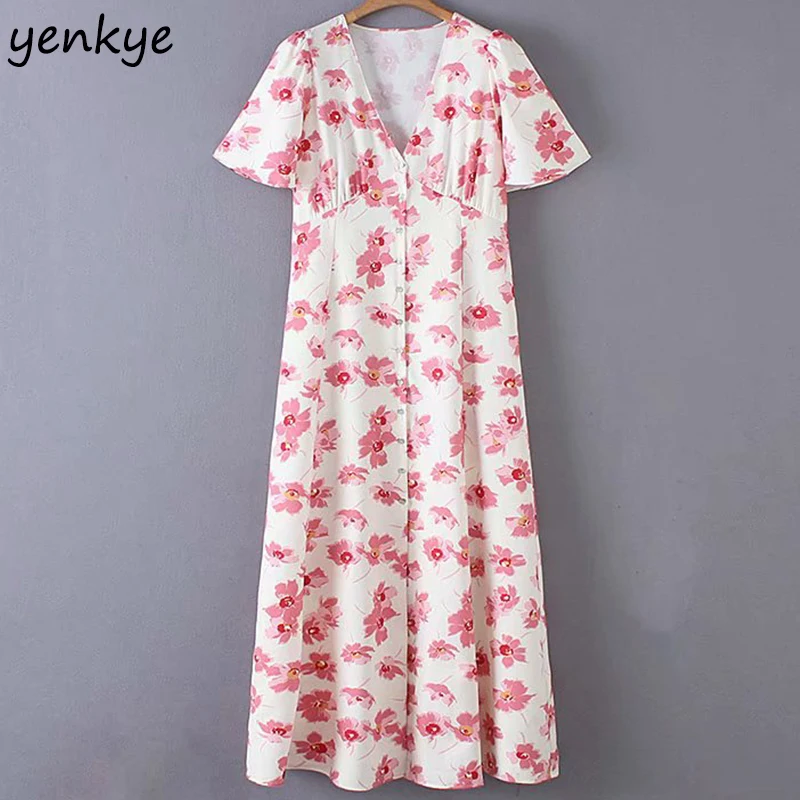 Floral Print Dress Women V Neck Short Sleeve High Waist A-line Long Dress Elegant Lady Front Button Summer Dress 2019 vestidos
Floral Print Dress Women V Neck Short Sleeve High Waist A-line Long Dress Elegant Lady Front Button Summer Dress 2019 vestidos