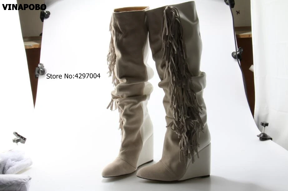 1High-Quality-White-Leather-Tassel-Knee-High-Boots-Women-Round-Toe-Fringe-Wedge-Shoes-High-Heels (1)